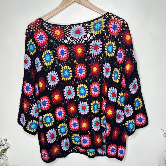 ANTHROPOLOGIE Magdalena Crochet Jumper Granny Square Black Multi Sz L {YY7} - Picture 4 of 6